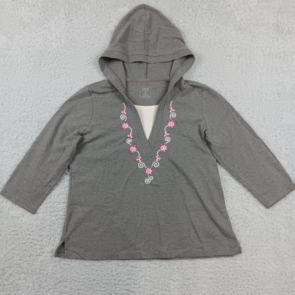 Hasting & Smith Hooded Top Womens PL Gray Floral Embroidered 3/4 Sleeve Pullover